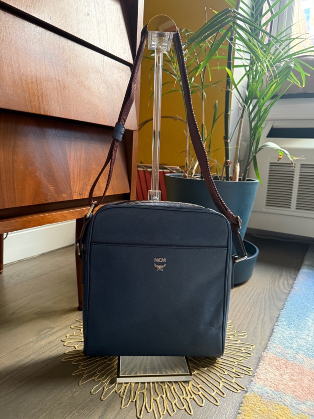MCM Leather Dusty Blue Crossbody Messenger Bag with Brown Strap UNISEX W/ COA
